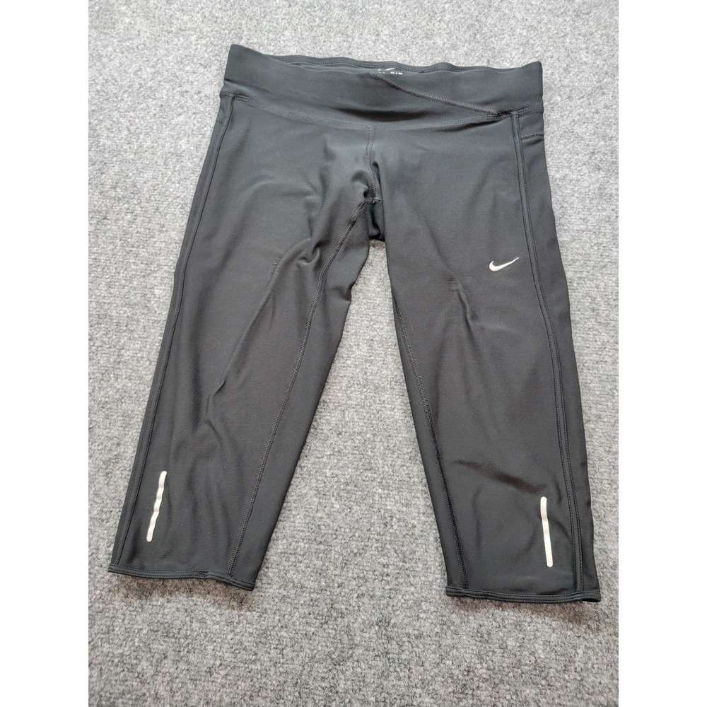 Nike Dri-FIT Womens Black Cropped Running Leggings Size M Zipper Pocket Reflect